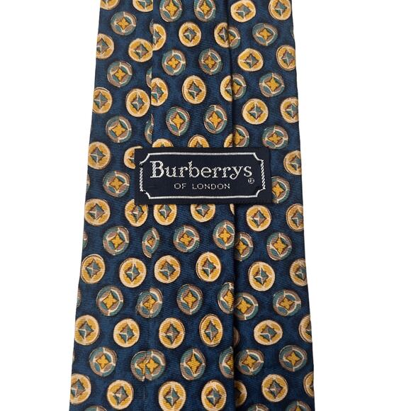 Burberrys of London Vintage Blue Yellow Gold Medallion Print 100% Silk Neck Tie - Picture 4 of 7